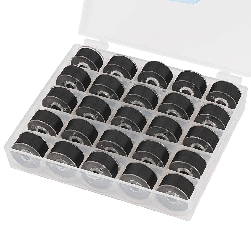 Simthread 25pcs Black Prewound Bobbins Thread Size A Class 15 (SA156) 60WT with Clear Storage Plastic Case Box 70D/2 for Brother Embroidery Thread Sewing Thread Machine DIY - Image 1